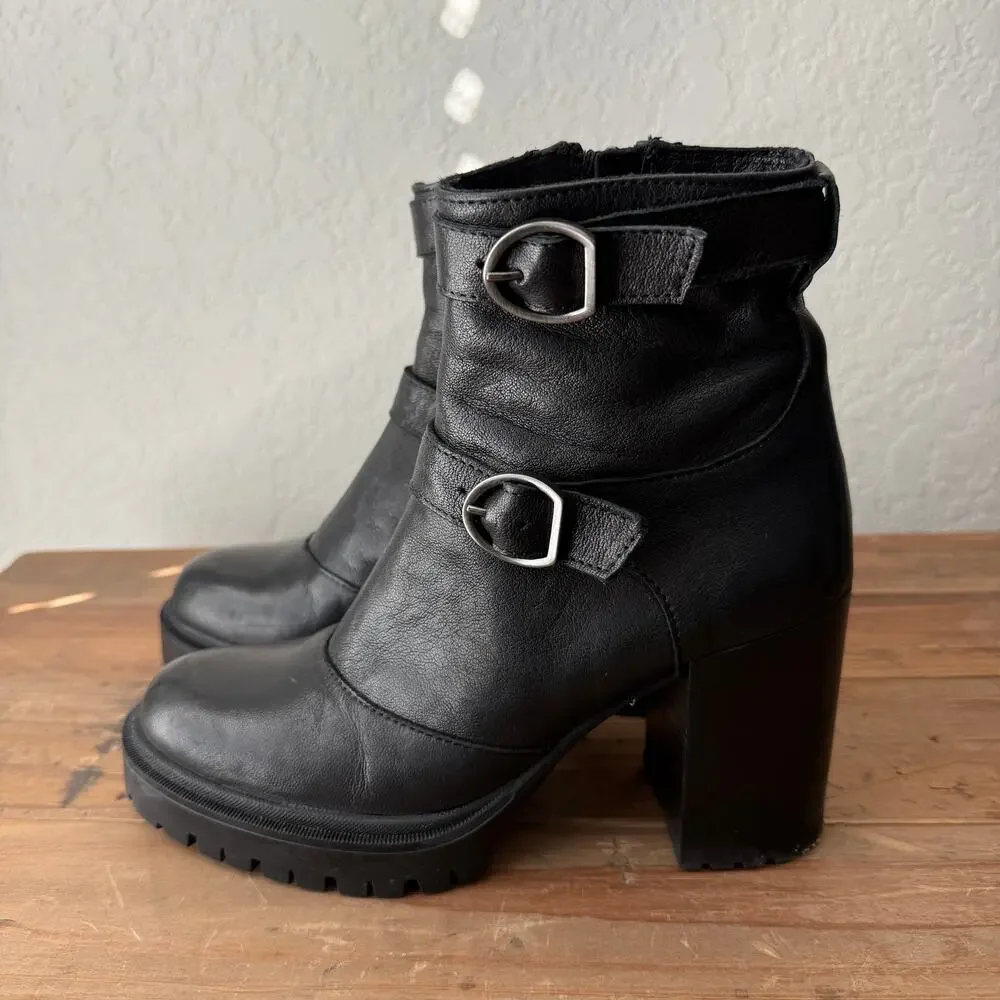 Women's Emanuele Crasto Lug‎ Sole Black Leather Buckle Ankle Boots Size 6.5 - Picture 4 of 10